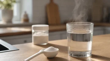 Kreatinpulver i matsked bredvid glas vatten på köksbänk i morgonljus
