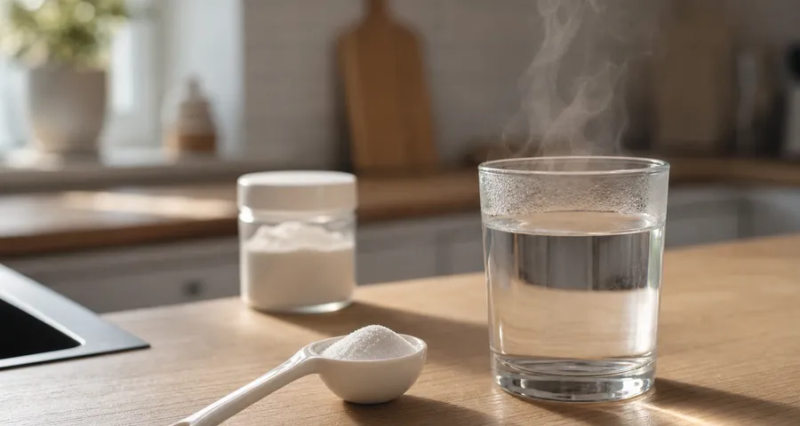 Kreatinpulver i matsked bredvid glas vatten på köksbänk i morgonljus