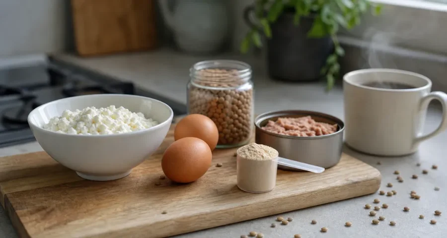 Olika proteinkällor arrangerade på köksbänk, kvarg, ägg, linser och proteinpulver