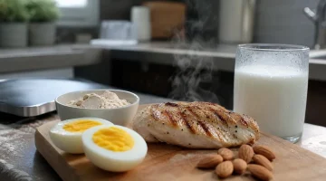 Olika proteinkällor på köksbänk, kyckling, ägg, proteinpulver och mjölk