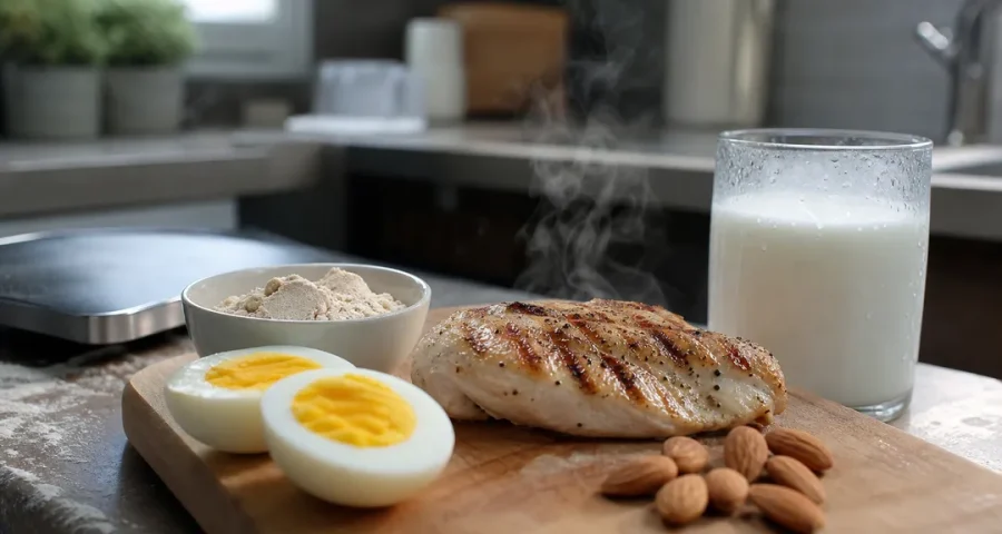 Olika proteinkällor på köksbänk, kyckling, ägg, proteinpulver och mjölk