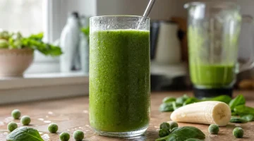 Grön smoothie med ärter, banan och spenat i glas på köksbänk