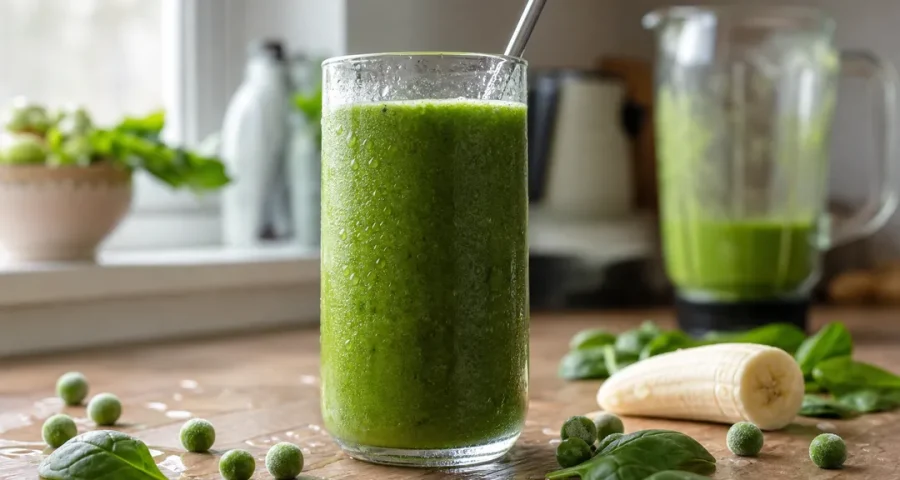 Grön smoothie med ärter, banan och spenat i glas på köksbänk