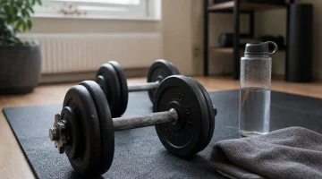 Hantlar på gymmatta i ett hemmagym, symbol för regelbunden styrketräning