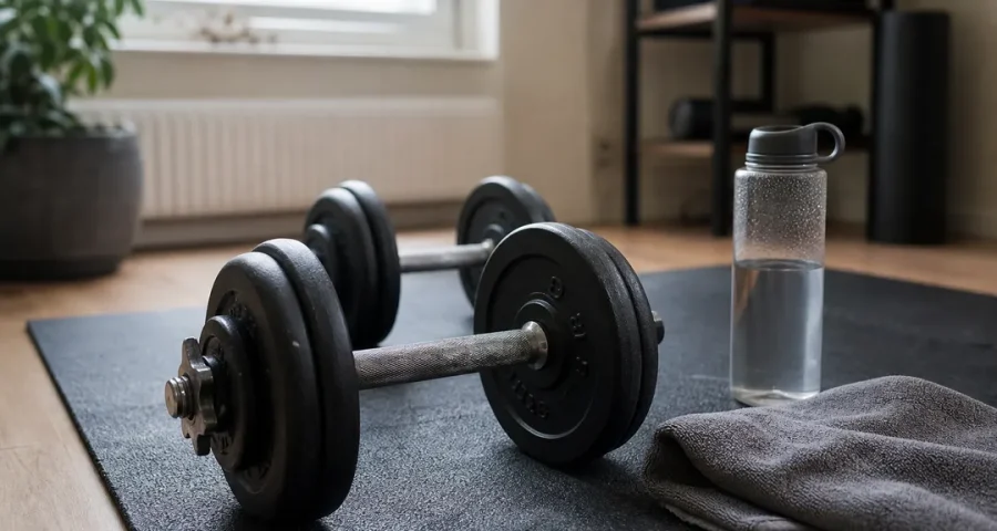 Hantlar på gymmatta i ett hemmagym, symbol för regelbunden styrketräning