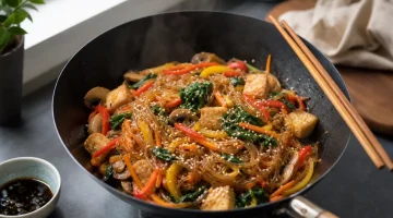 Wok med japchae, glasnudlar, grönsaker och tofu