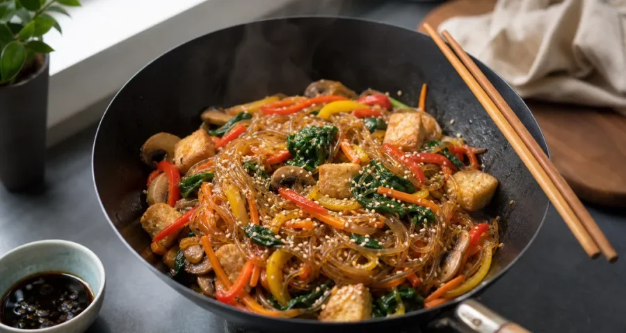 Wok med japchae, glasnudlar, grönsaker och tofu