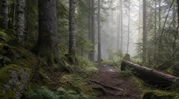 Skogsstig i morgondimma med mossbeklädda rötter och mjukt ljus