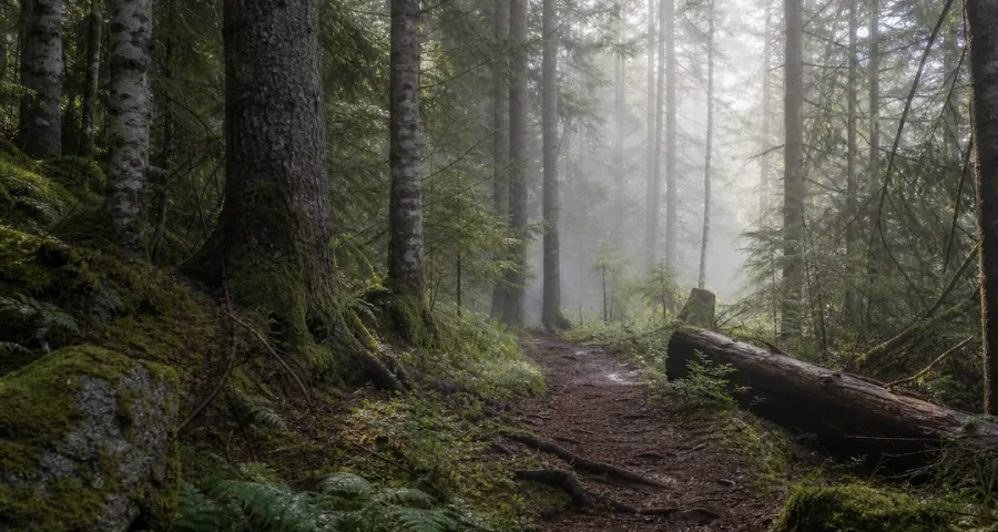 Skogsstig i morgondimma med mossbeklädda rötter och mjukt ljus