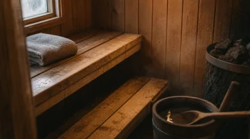 Tom bastu med träbänkar och glödande bastuaggregat